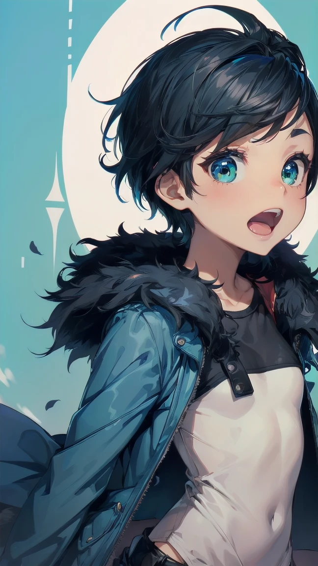 Close-up of a cartoon girl with blue hair and a yellow shirt, 2D Animation, 2D Animation style, 2D Art, 2D Art, 2D from Gorillaz, 2D from Gorillaz, 2D Gorillaz, Screaming Cerket, 2D Sprites, Jinx Face, short hair, hot pants, Small breasts, ((Black Hair, Bright blue fur inside:1.4))