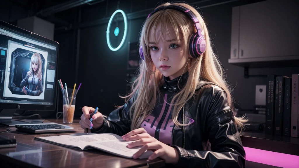 "A blonde cyberpunk woman is sitting at a study table in a futuristic room with neon pink lights. She wears technological clothes with neon details and has large, modern headphones. Around her are holograms and advanced electronic devices. The environment It is lit by soft, colorful lights, creating a cozy, lofi atmosphere. The young woman is focused on her studies, with books, notebooks and a holographic screen in front of her, while lofi music plays in the background, completing the scene with a touch of tranquility. and futurism."