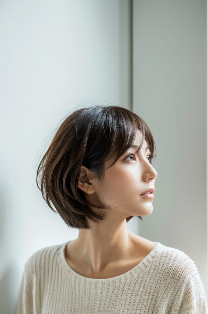 8K, (RAW Photos), (Photo Real:1.4), (4K best image quality:1.2), (High resolution:1.4), (Ultra-realistic:1.1), Depth of written boundary, (Detailed face), (Fine grain), Beautiful Eyes, (Skinny Japanese woman, 40 years old), In front of the white door, ((In a room with white walls and a window)), Natural soft light, Short Bob, (Layered Haircut:1.0), (Detailed expression of hair), (profile), Various poses, Random Pause, Dress up,Holder only