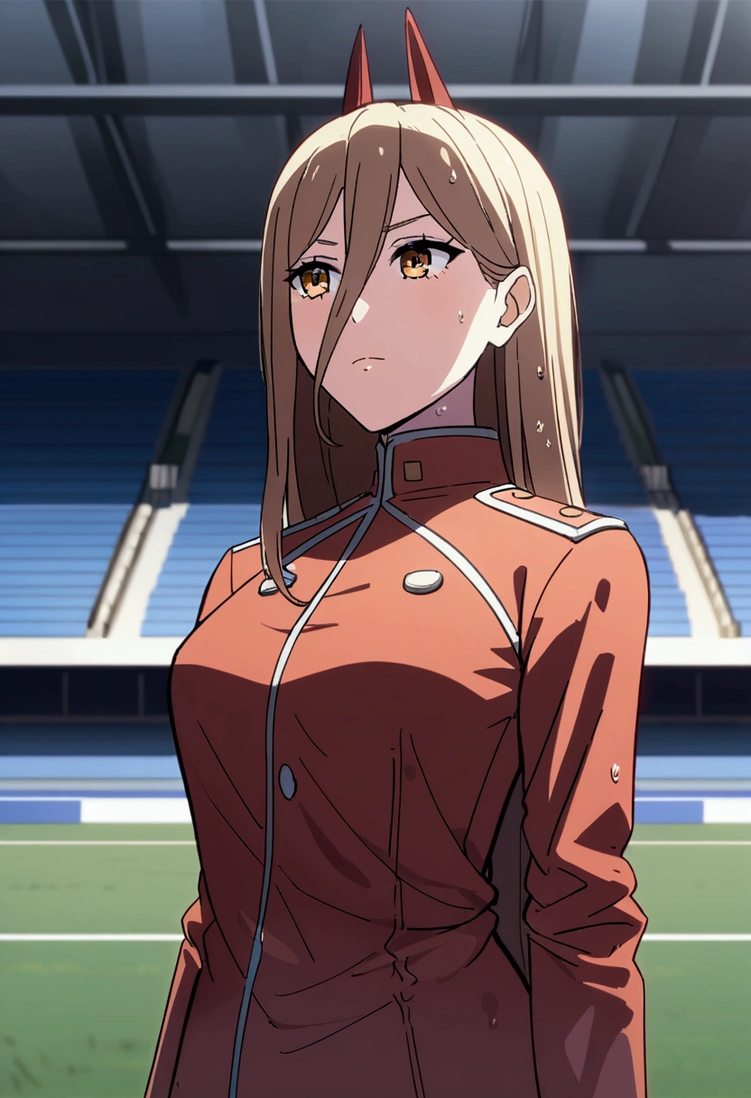 1 small breasted girl wearing a jacket, and a very tight shirt, in a place like a wet, empty football field,.detailed image. 4K