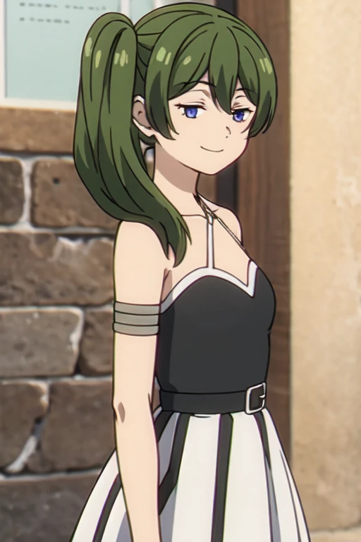 ((Bestquality))),((Ultra-detailed)),((illustration)),((Disheveledhair)),((frilld)),(1girl),(Solo),
1girl,bangs,blurry,bow,brick_wall,closed_eyes,closed_mouth,collarbone,dress,hair_flaps,indoors,long_hair,photo_(medium),smile,solo,white_dress,rating:safe,Princess_dress,
green hair,Right side ponytail,