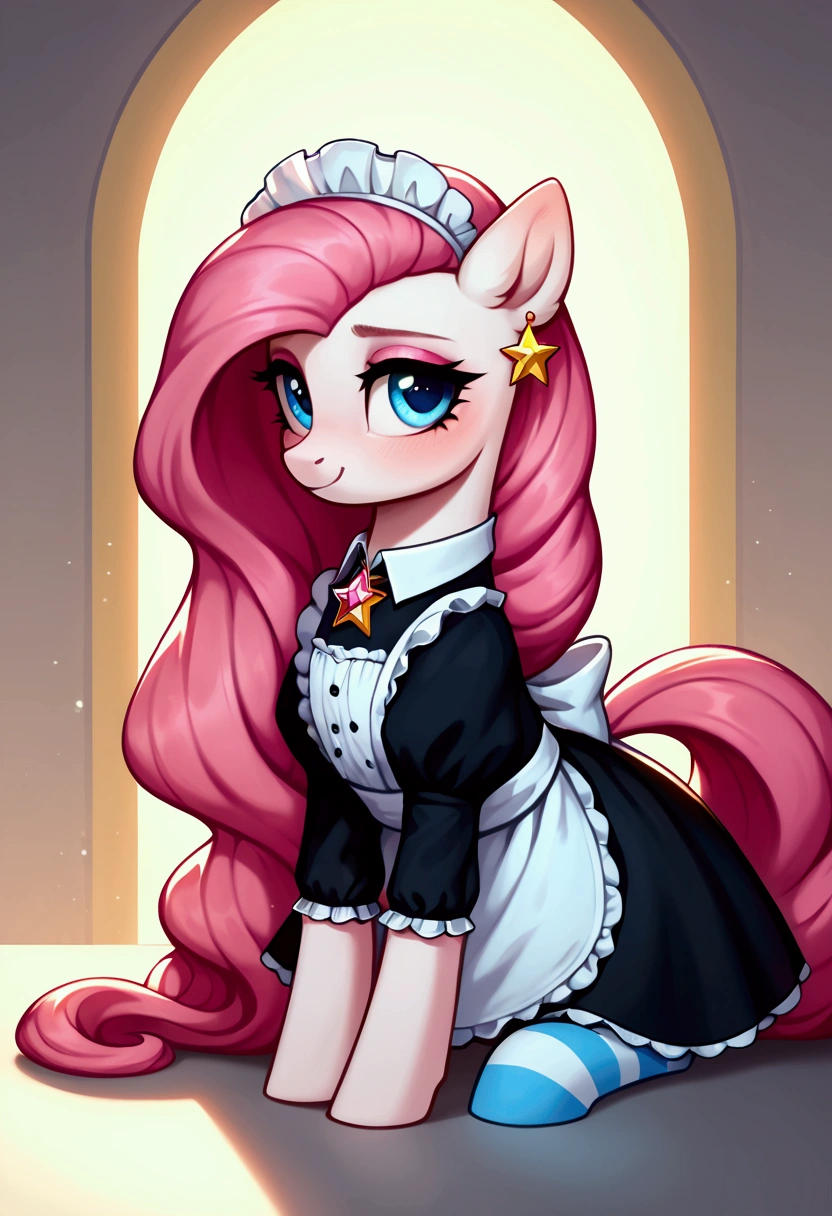 score_9,score_8_up,score_7_up,score_6_up, ((my little pony)), radiant lighting, vibrant colors, whimsical atmosphere, 8K, high resolution, highly detailed, masterpiece, (shy look), ((pony body)), ((brightness white body)), blue eyes, (maid costume), striped stockings, star pendant, earrings, eyeshadow, (very long pink hair:1.3), (( pose)), (devoted gaze)
