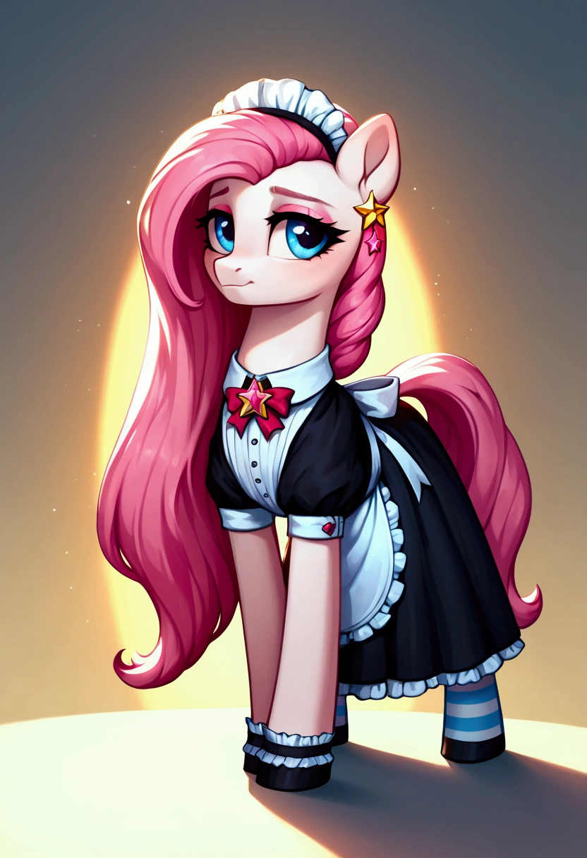 score_9,score_8_up,score_7_up,score_6_up, ((my little pony)), radiant lighting, vibrant colors, whimsical atmosphere, 8K, high resolution, highly detailed, masterpiece, (shy look), ((pony body)), ((brightness white body)), blue eyes, (maid costume), striped stockings, star pendant, earrings, eyeshadow, (very long pink hair:1.3), ((erotic pose)), (devoted gaze)