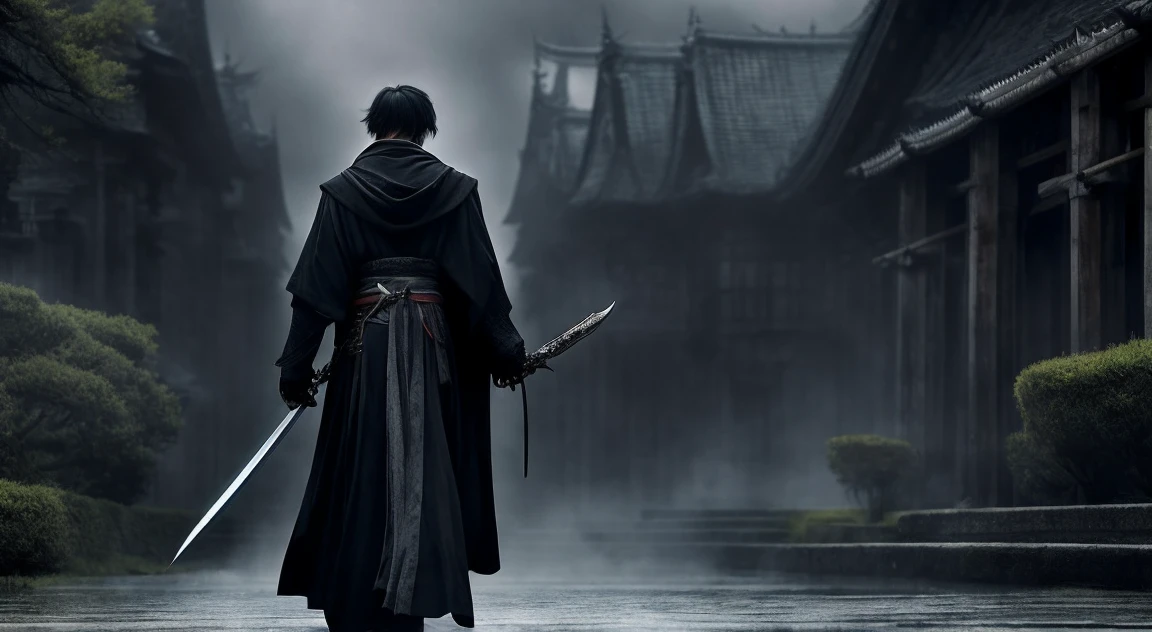 One person、Yoshitaka Amano style、Ultra HD、Masterpiece、A slender, beautiful, dark-haired man in a black robe、He carries a slender long sword on his back.、Dark medieval European castle、Gloomy、Danmei、Fantasy、Ultra-realistic、