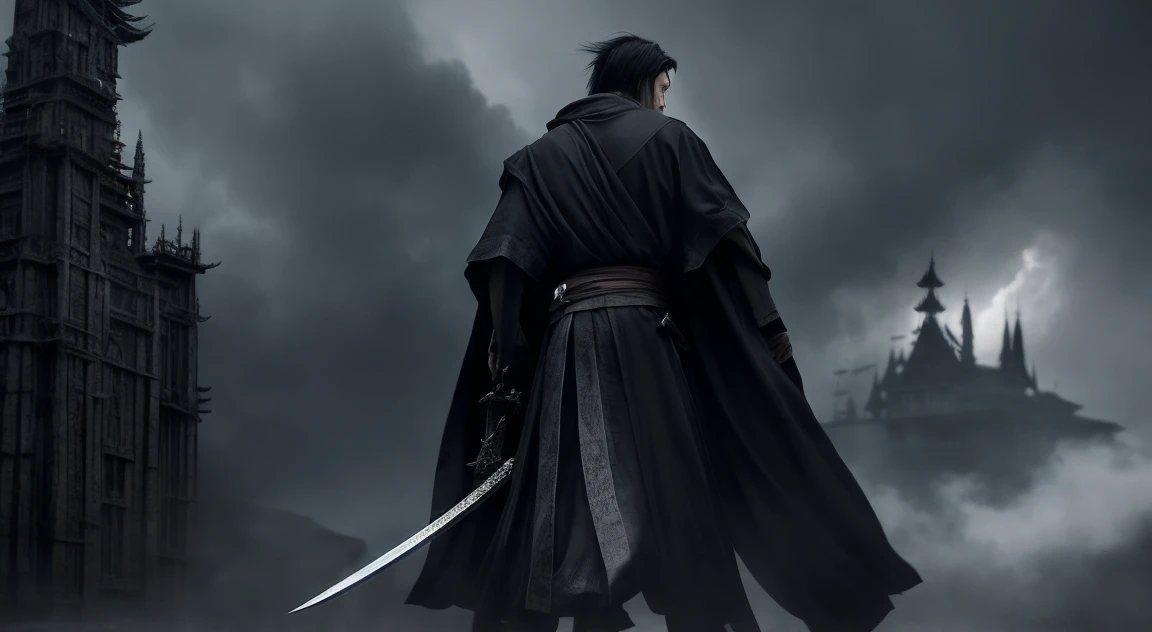 One person、Yoshitaka Amano style、Ultra HD、Masterpiece、A slender, beautiful, dark-haired man in a black robe、He carries a slender long sword on his back.、Dark medieval European castle、Gloomy、Danmei、Fantasy、Ultra-realistic、