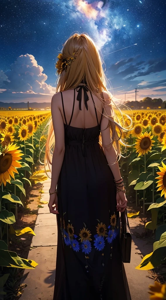 1people々々々々々々々々々々々,Blonde long-haired woman,camisole, Dress Silhouette, Rear View,Space Sky, Sunflower flowers,Sunflower field,