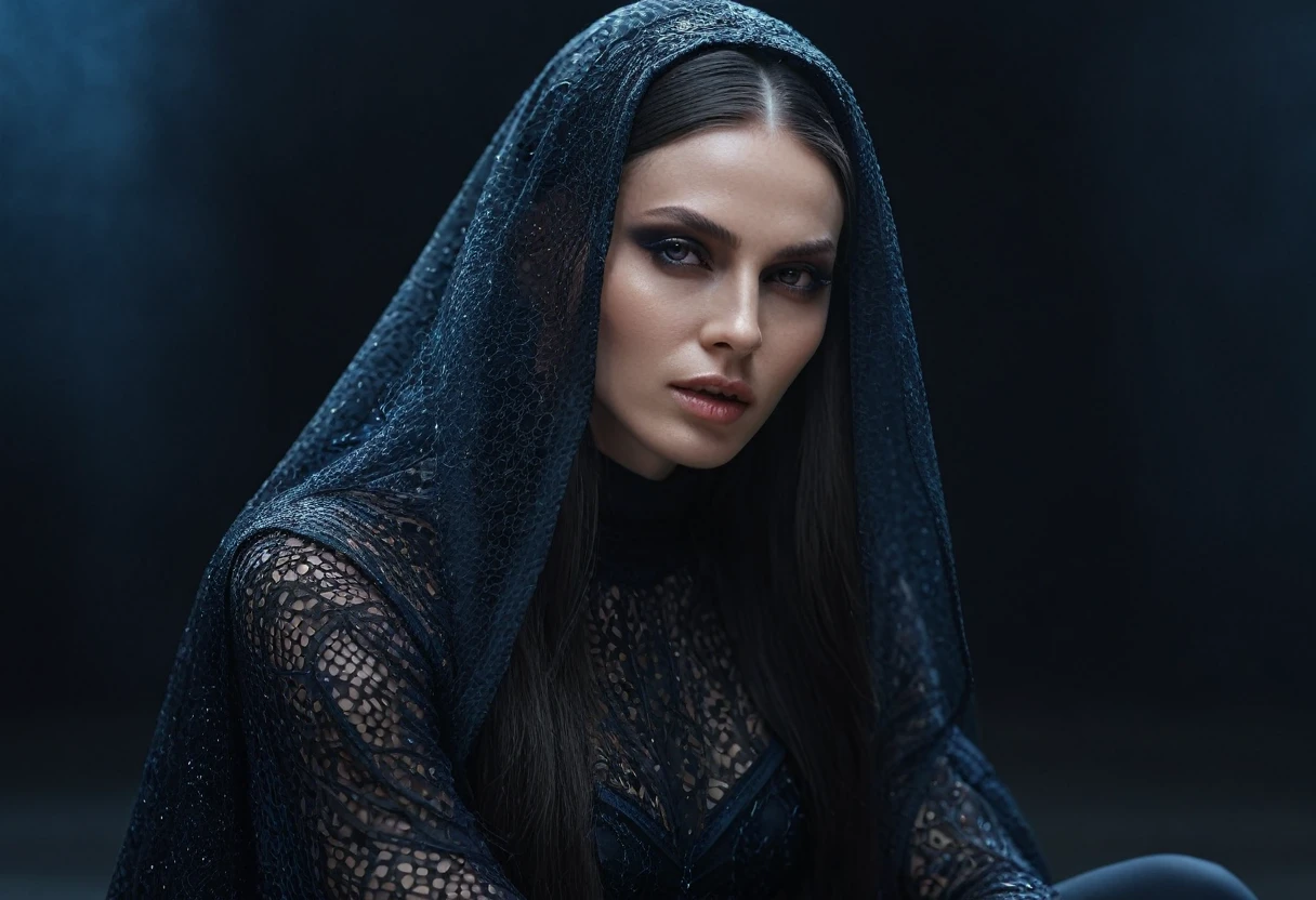 Fashionable of androgynous alien looking witch wearing veil, glowing eyes, beautiful evil slavic muscular woman, pale skin, long hair, futuristic design, minimal details, givenchy, photoreal, 200mm, hd, f/ 2.0, highly detailed, surreal, sitting, light smile, simple black stylish clothes, a slight smiledrop dead, in the style of red and blue, (intricate details, hyperdetailed:1.15) (skin texture:1.2), cinematic, professional, 4k, (((dynamic model pose))), sitting, full body, mesmerizing, dynamic, dramatic, dynamic pose, highly detailed skin with hair, subcutaneous veins, light and shadow play, highly detailed,24mm photograph, bokeh, professional, 4k,