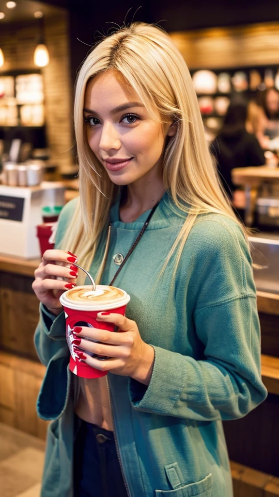 Hand of blonde woman at starbucks showing her new caramel latte, cup to go, long red nails --ar 9:16 --style raw --stylize 50