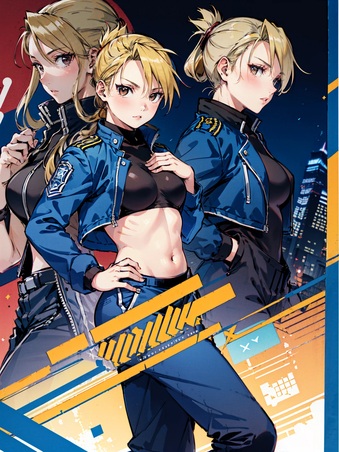 masterpiece, Highest quality, High resolution, One girl, (Riza Hawkeye, Blue jacketの下にBlack innerwearを着ている), Folded ponytail, Brown eyes, , (uniform, Blue jacket, Blue pants), ,Big Breasts, Black innerwear
