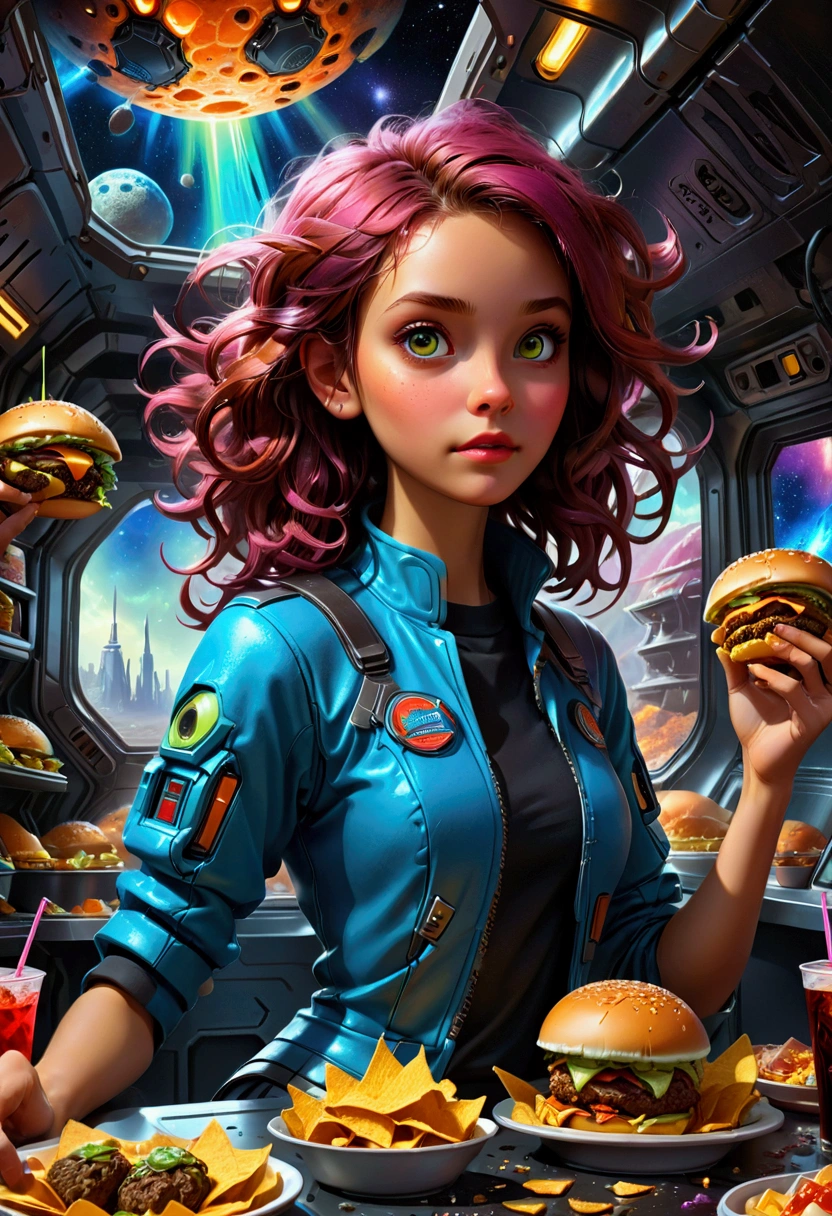 1girl, Fast Food Worker, award-winning illustration, concept art, digital painting, spaceship food truck flying through asteroid field, serving space miners, neon lights, holographic menu, robot chef, (food: space burgers, alien nachos, cosmic cola), sci-fi atmosphere, highly detailed spaceship design/aesthetic, 4k resolution, hyper-detailed, detailed matte painting, deep color, fantastical, intricate detail, splash screen, complementary colors, fantasy concept art, 8k resolution trending on Artstation Unreal Engine 5, masterpiece, best quality, very aesthetic, absurdres