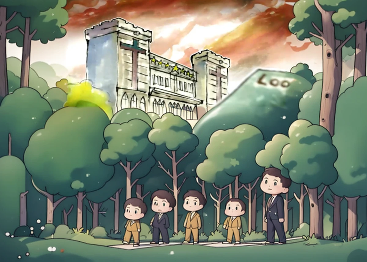 7 cartoon men in suits walking, trees and bushes