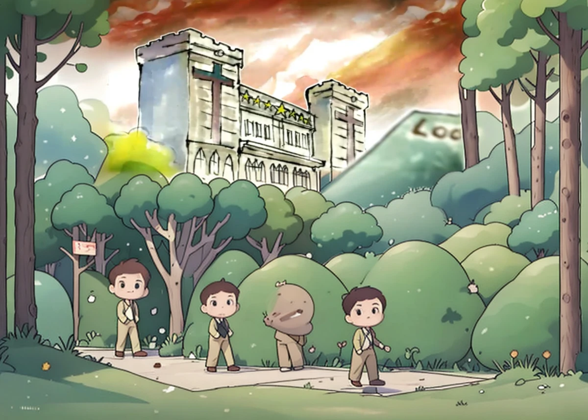 7 cartoon men in suits walking, trees and bushes