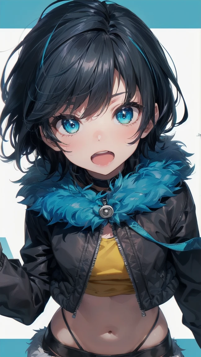 Close-up of a cartoon girl with blue hair and a yellow shirt, 2D Animation, 2D Animation style, 2D Art, 2D Art, 2D from Gorillaz, 2D from Gorillaz, 2D Gorillaz, Screaming Cerket, 2D Sprites, Jinx Face, short hair, hot pants, Small breasts, ((Black Hair, Bright blue fur inside:1.4))
