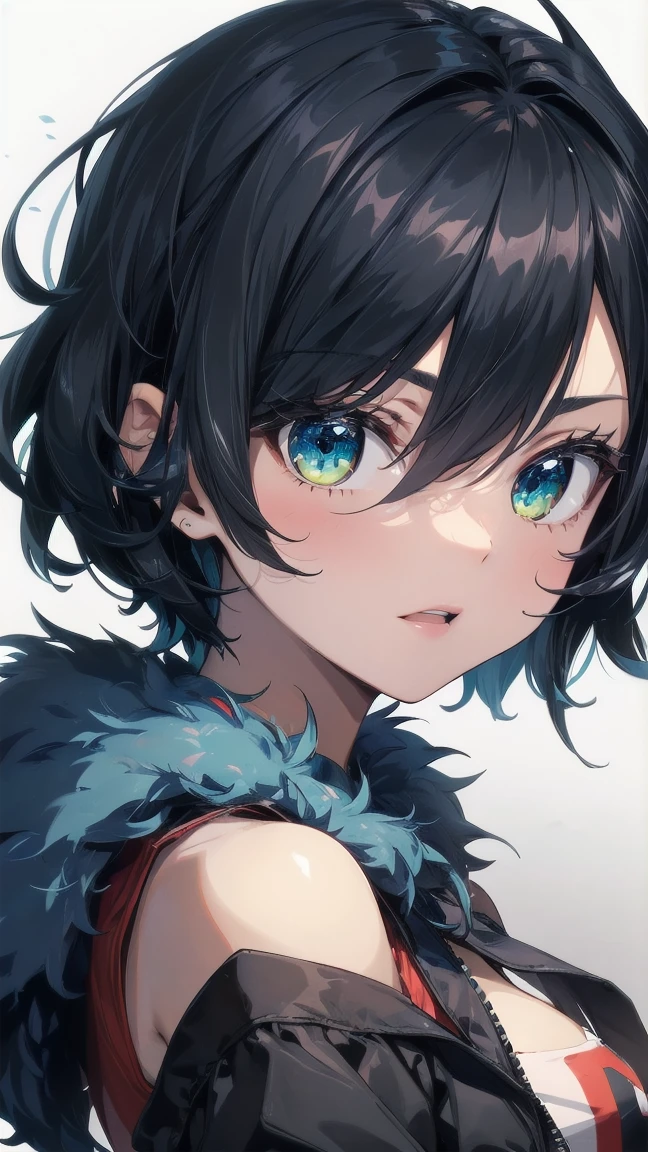 Close-up of a cartoon girl with blue hair and a yellow shirt, 2D Animation, 2D Animation style, 2D Art, 2D Art, 2D from Gorillaz, 2D from Gorillaz, 2D Gorillaz, Screaming Cerket, 2D Sprites, Jinx Face, short hair, hot pants, Small breasts, ((Black Hair, Bright blue fur inside:1.4))