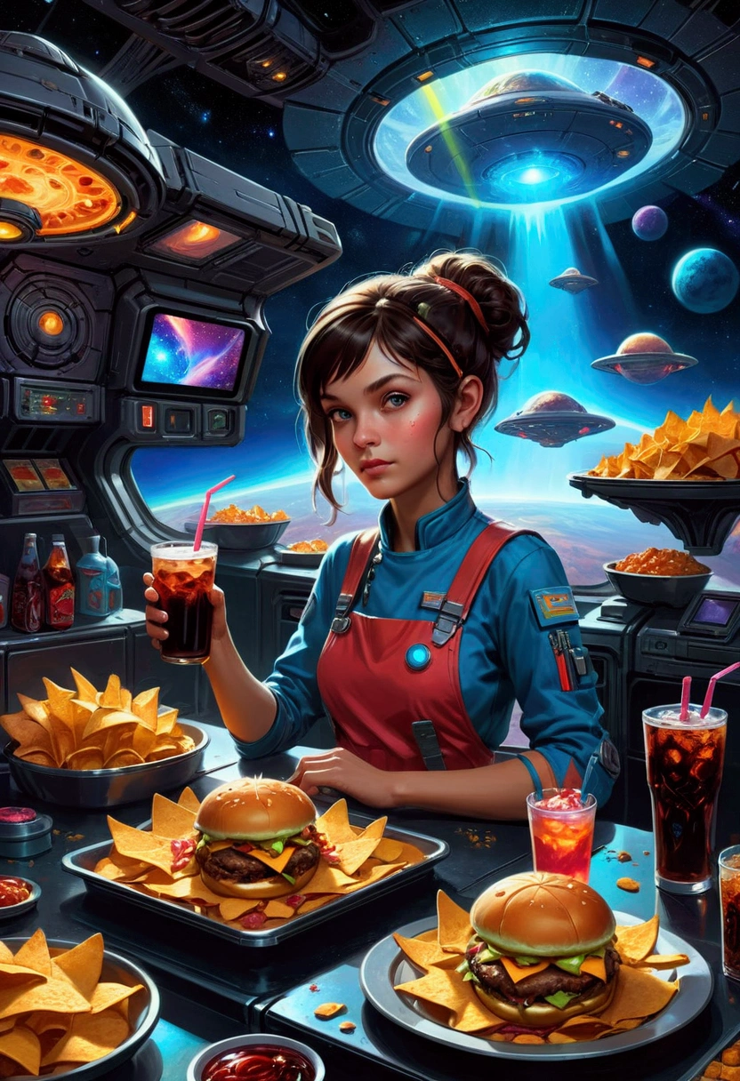 1girl, Fast Food Worker, award-winning illustration, concept art, digital painting, spaceship food truck flying through asteroid field, serving space miners, neon lights, holographic menu, robot chef, (food: space burgers, alien nachos, cosmic cola), sci-fi atmosphere, highly detailed spaceship design/aesthetic, 4k resolution, hyper-detailed, detailed matte painting, deep color, fantastical, intricate detail, splash screen, complementary colors, fantasy concept art, 8k resolution trending on Artstation Unreal Engine 5, masterpiece, best quality, very aesthetic, absurdres