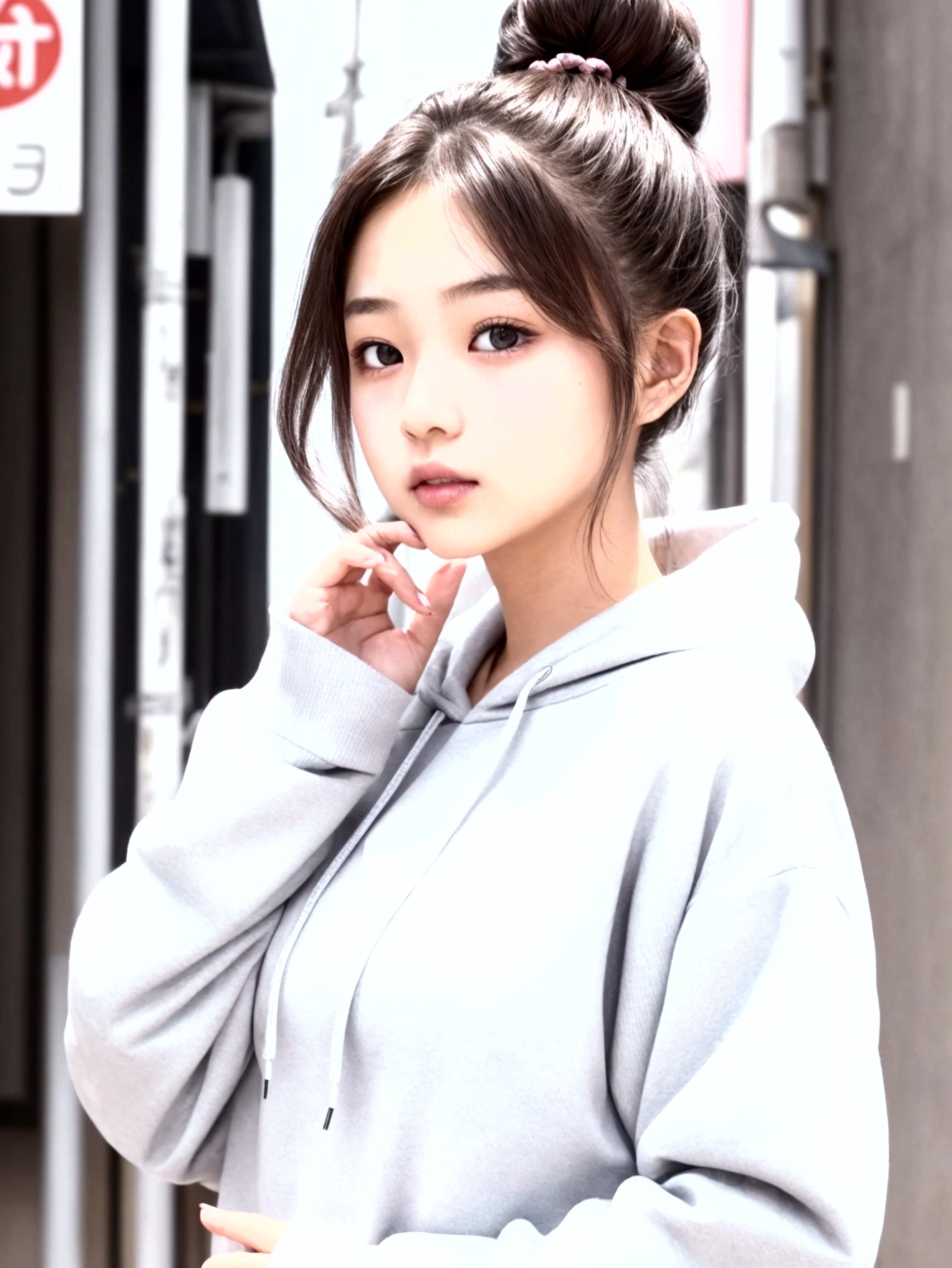 Make a girl,she is beutyful,she is an Japan girl,she wearing a Hoodie,Her hair is tied back,her eye is brown