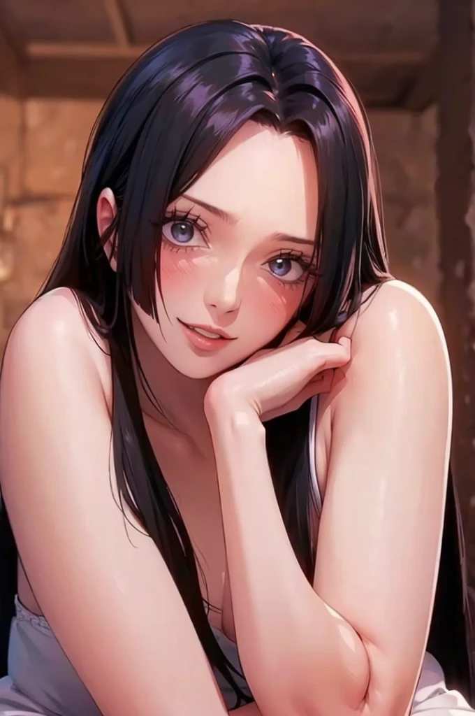 (((masterpiece))), (((best quality))), ((ultra-detailed)), (highly detailed CG illustration), Boa Hancock, , (masterpiece:1.5), Detailed Photo, Smiling, Sexy, (Best Quality: 1.4), (1girl), Beautiful Face, (Black Hair, long Hair: 1.3), Beautiful Hairstyle, beautiful detail eyes, (realistic skin), beautiful skin, absurd, attractive, ultra high resolution, high definition, (sexually aroused:1.5), Pinkish white skin, cool white light, sexy pose, Beautiful , white background, pink soft white light, Wear a white dress