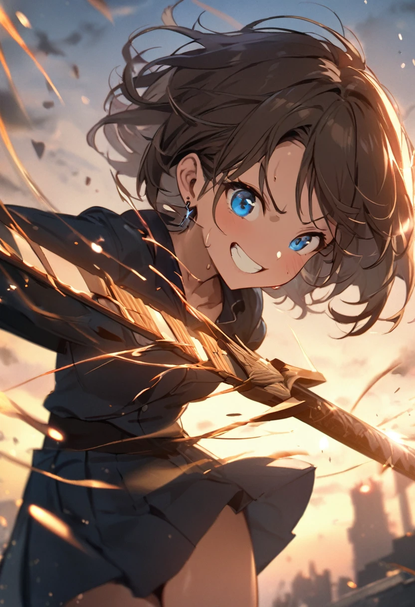 Brat, ((masterpiece)), High resolution, 10 years old、girl、 Brown Hair、Short Bob、((smile、Grin))、Excited、Sweating all over the body、Bright Blue Eyes、smile、((Grin))、Earrings、(((Fight with a sword)))、Sparks fly、Disturbed、Light、highlight、Motion Blur、Simple armor(mini skirt、wind lift:1.0)、Shallow depth of field、final battle、Fantastic、tense、Intense Combat、Starry Sky、dusk、Perfect Anatomy