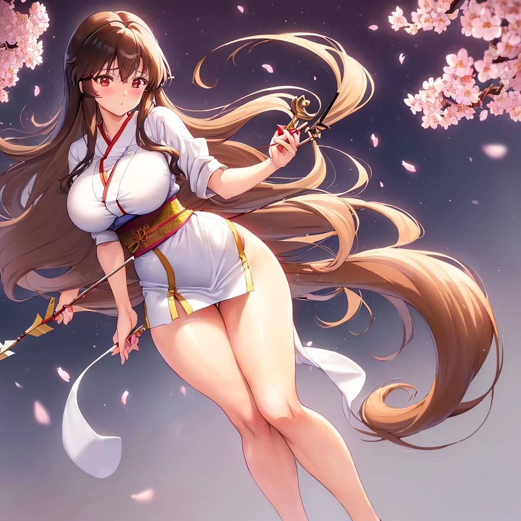 Illustration, Kagome Higurashi, Inuyasha, anime girl, long brown hair (curly, and with a few loose strands), kind expression (with a hint of determination), traditional Japanese high (detailed, intricate, and with a few wrinkles), large breasts (34C, firm, and perky), curvy figure (hourglass, 24-inch waist, and 36-inch hips), toned legs (shapely thighs, 22 inches, and slender ankles, 7 inches), smooth skin (porcelain-like complexion, with a subtle sheen), delicate feet (size 7, with painted pink toenails), intricate details (dainty fingers, with a few rings, and a sacred arrow on her right hand), dynamic pose (standing forward, with her right hand holding the sacred arrow, and her left hand on her hip), soft lighting (warm, and with a few highlights), background (a blurred, serene forest, with a few cherry blossoms), camera angle (slightly above, with a subtle tilt), 4k, high resolution, ultra high resolution, intricate detail, detailed texture, peaceful atmosphere, solo character, single figure