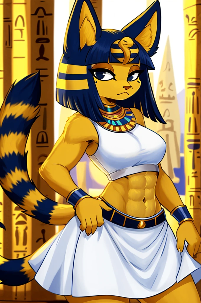 ((best quality)), ((masterpiece)), (detailed), a digital artwork of ankha with abs wearing a crop top of her white sleeveless dress with white long dress skirt, a bare midriff and a bare navel, Egyptian setting, tail, blue Egyptian handbands, furry, anthro style, 2d style
