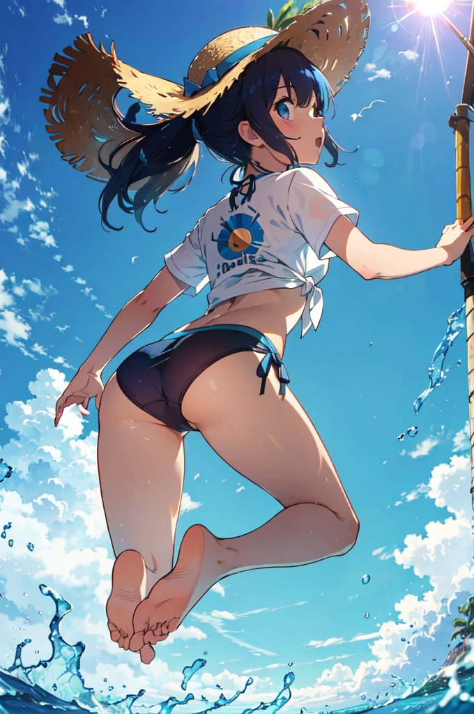 (Looking up at the blue sky:1.3), Ocean, sun, Angle looking up from below, (Girl wearing a T-shirt over a bikini:1.1), (big lauth:1.3), (detailed eye:1.3), (Back view:1.3), ponytail, Spread your arms and take a big jump, (arms up:1.3), split knees, Jumping with bent legs, barefoot, arch her back, Uplifting, Disheveled Hair, Tie the bottom of your T-shirt, Wind, Hold down the straw hat, correct left and right hands