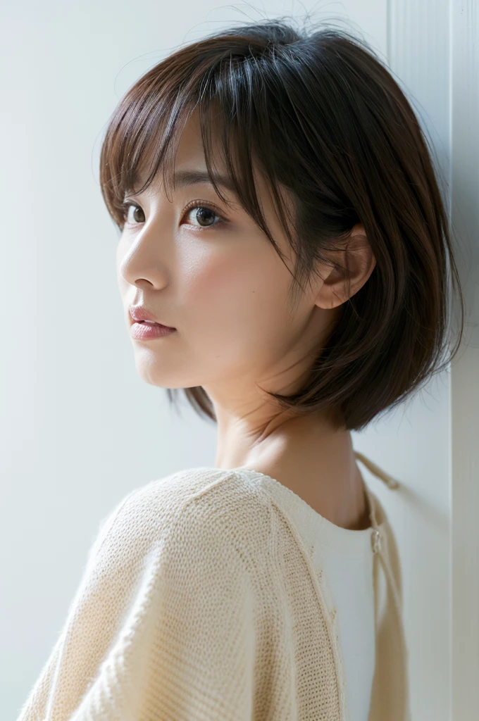 8K, (RAW Photos), (Photo Real:1.4), (4K best image quality:1.2), (High resolution:1.4), (Ultra-realistic:1.1), Depth of written boundary, (Detailed face), (Fine grain), Beautiful Eyes, (Japanese women, 40 years old), In front of the white door, ((In a room with white walls and a window)), Natural soft light, Short Bob, (Layered Haircut:1.0), (Detailed expression of hair), (profile), Various poses, Random Pause, Dress up,Holder only