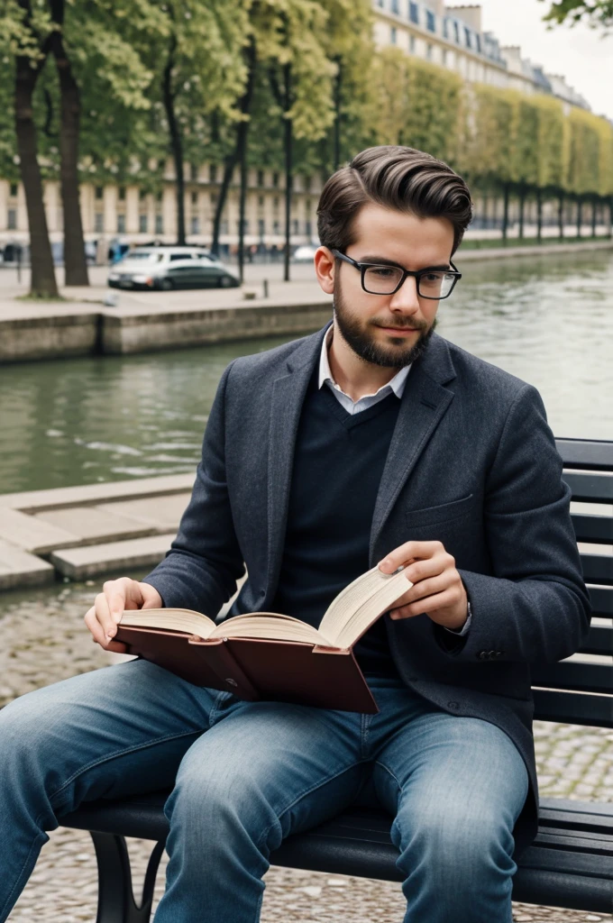 young boy with glasses and a small beard sitting on a bench reading a book in Paris near a river where you can see the Isfel tower