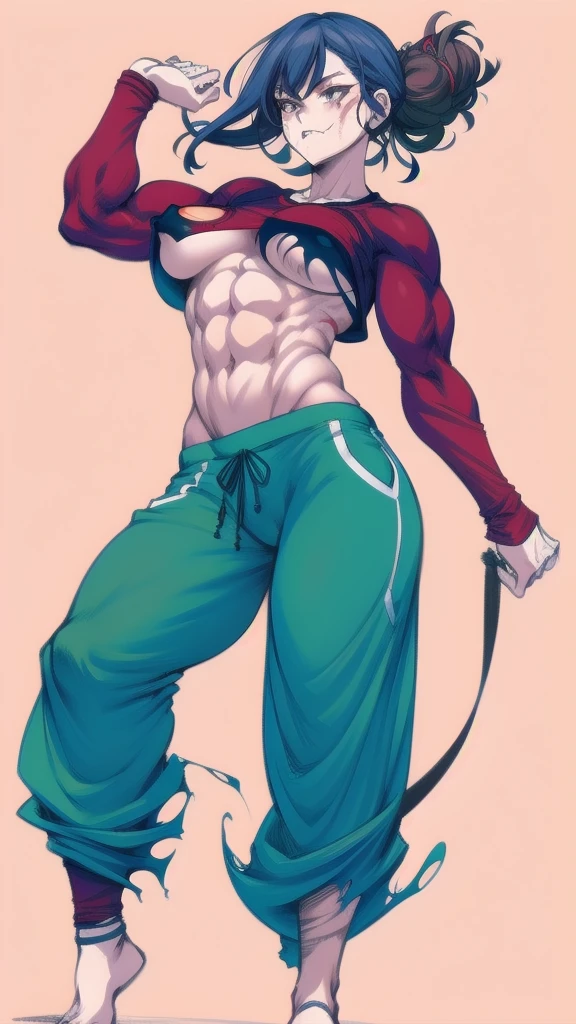 Full body image of Maki Zenin from Jujutsu Kaisen, full body in image, wearing her post-clan outfit (sleeves torn, harem pants), visible scars, short dark hair, female body, athletic and muscular body, dynamic pose, detailed pose, simple background, expressive face showing determination, focus on face, line art, sketch