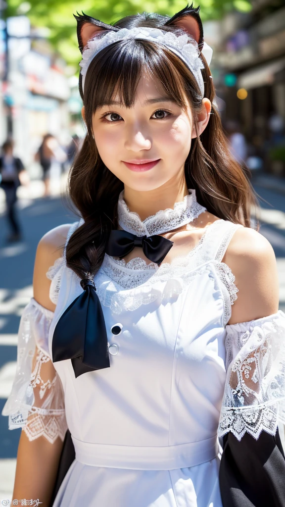 ((Ultra high resolution, highest quality, masterpiece: 1.2), (realistic, photorealistic: 1.37), highly detailed, (Sunny daytime in Akihabara electric town, professional lighting, photon mapping, radiosity, physically-based rendering, masterpiece, rich details, background blur)) A cute Japanese woman, 18 years old, (wearing a black and white maid outfit with a white apron, prominent black bows, and white lace details, and a black cat ear headband: 1.3). The black parts of her outfit are particularly striking and well-defined. Her hair is styled in long, wavy twin-tails with a light brown color. She has a happy smile, showing her teeth, and has glossy skin and shiny hair. The scene is highly detailed, with professional and realistic lighting. The style is realistic and photorealistic, with extreme attention to detail, and the character has an anatomically correct body structure. The character has a nice body and very beautiful skin. She is facing to the right, looking away from the camera with a natural, candid expression. Her gaze is directed to her right, avoiding the camera completely. (Correct body structure, accurate anatomy, ultra-high quality, realistic lighting, nice body, very beautiful skin, sunny daytime in Akihabara electric town, background blur, facing right, looking away from the camera, natural candid photo, full body view: 1.2)
