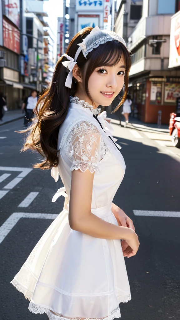 ((Ultra high resolution, highest quality, masterpiece: 1.2), (realistic, photorealistic: 1.37), highly detailed, (Sunny daytime in Akihabara electric town, professional lighting, photon mapping, radiosity, physically-based rendering, masterpiece, rich details, background blur)) A cute Japanese woman, 18 years old, (wearing a black and white maid outfit with a white apron, prominent black bows, and white lace details, and a black cat ear headband: 1.3). The black parts of her outfit are particularly striking and well-defined. Her hair is styled in long, wavy twin-tails with a light brown color. She has a happy smile, showing her teeth, and has glossy skin and shiny hair. The scene is highly detailed, with professional and realistic lighting. The style is realistic and photorealistic, with extreme attention to detail, and the character has an anatomically correct body structure. The character has a nice body and very beautiful skin. She is facing to the right, looking away from the camera with a natural, candid expression. Her gaze is directed to her right, avoiding the camera completely. (Correct body structure, accurate anatomy, ultra-high quality, realistic lighting, nice body, very beautiful skin, sunny daytime in Akihabara electric town, background blur, facing right, looking away from the camera, natural candid photo, full body view: 1.2)
