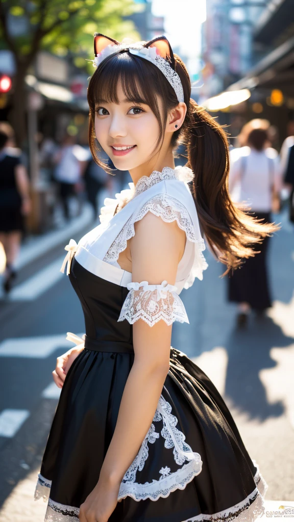 ((Ultra high resolution, highest quality, masterpiece: 1.2), (realistic, photorealistic: 1.37), highly detailed, (Sunny daytime in Akihabara electric town, professional lighting, photon mapping, radiosity, physically-based rendering, masterpiece, rich details, background blur)) A cute Japanese woman, 18 years old, (wearing a black and white maid outfit with a white apron, prominent black bows, and white lace details, and a black cat ear headband: 1.3). The black parts of her outfit are particularly striking and well-defined. Her hair is styled in long, wavy twin-tails with a light brown color. She has a happy smile, showing her teeth, and has glossy skin and shiny hair. The scene is highly detailed, with professional and realistic lighting. The style is realistic and photorealistic, with extreme attention to detail, and the character has an anatomically correct body structure. The character has a nice body and very beautiful skin. She is facing to the right, looking away from the camera with a natural, candid expression. Her gaze is directed to her right, avoiding the camera completely. (Correct body structure, accurate anatomy, ultra-high quality, realistic lighting, nice body, very beautiful skin, sunny daytime in Akihabara electric town, background blur, facing right, looking away from the camera, natural candid photo, full body view: 1.2)
