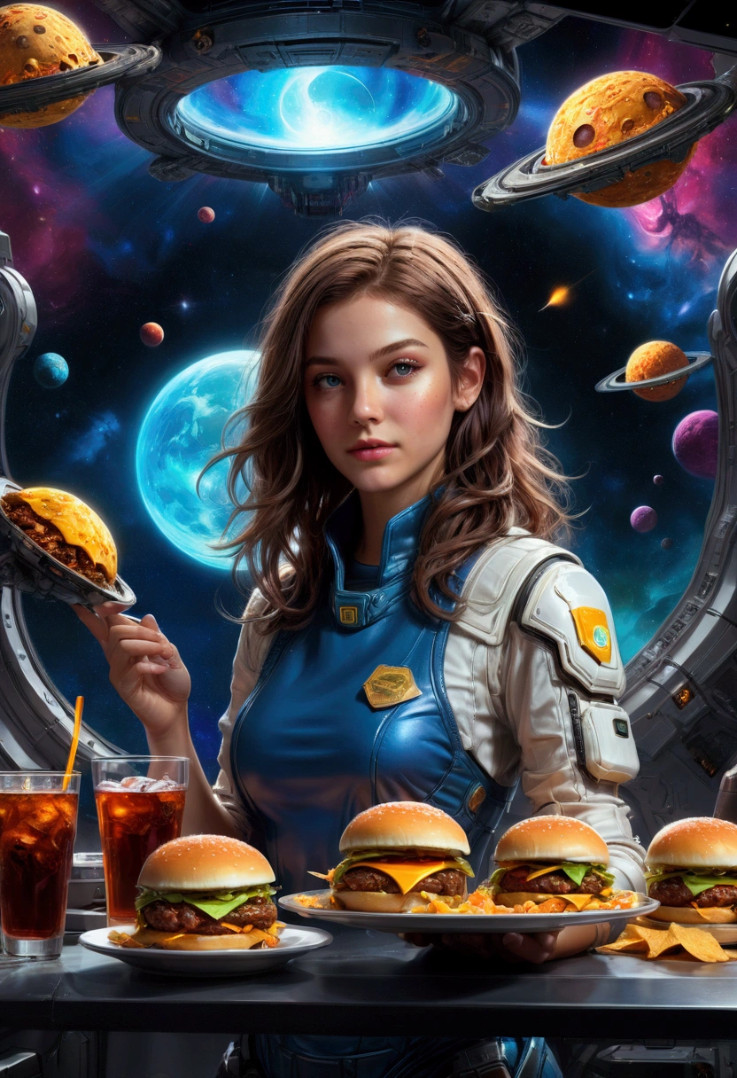 1girl, Fast Food Worker, award-winning illustration, concept art, digital painting, spaceship food truck flying through asteroid field, serving space miners, neon lights, holographic menu, robot chef, (food: space burgers, alien nachos, cosmic cola), sci-fi atmosphere, highly detailed spaceship design/aesthetic, 4k resolution, hyper-detailed, detailed matte painting, deep color, fantastical, intricate detail, splash screen, complementary colors, fantasy concept art, 8k resolution trending on Artstation Unreal Engine 5, masterpiece, best quality, very aesthetic, absurdres