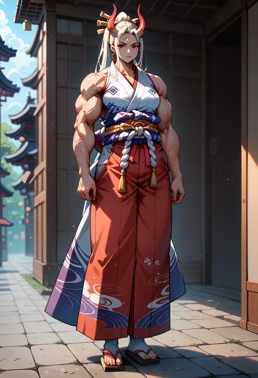 masterpiece, best quality), best resolution, yamato, red oni horns, earrings, hair stick, bare shoulders, japanese clothes, kimono, rope, sleeveless kimono, shimenawa, high ponytail, extreme muscular body, full body.