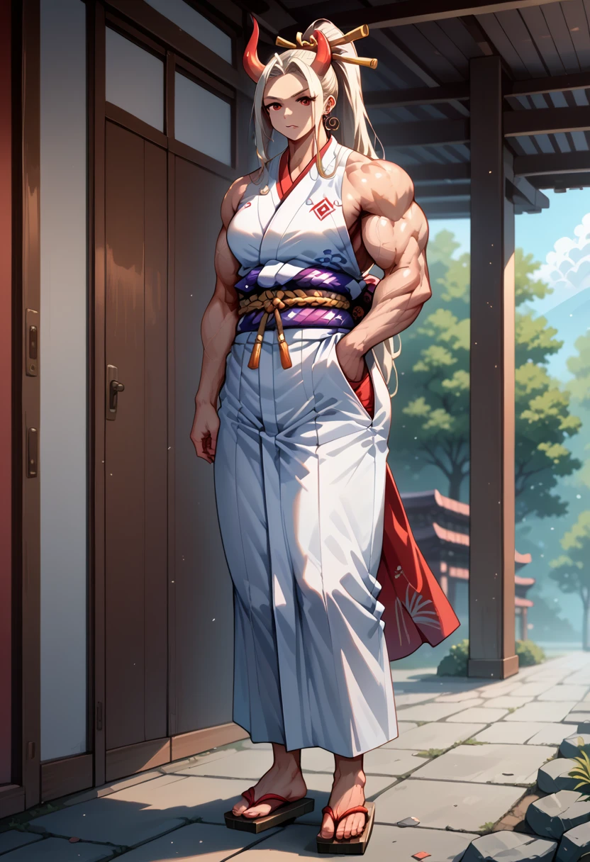 masterpiece, best quality), best resolution, yamato, red oni horns, earrings, hair stick, bare shoulders, japanese clothes, kimono, rope, sleeveless kimono, shimenawa, high ponytail, extreme muscular body, full body.