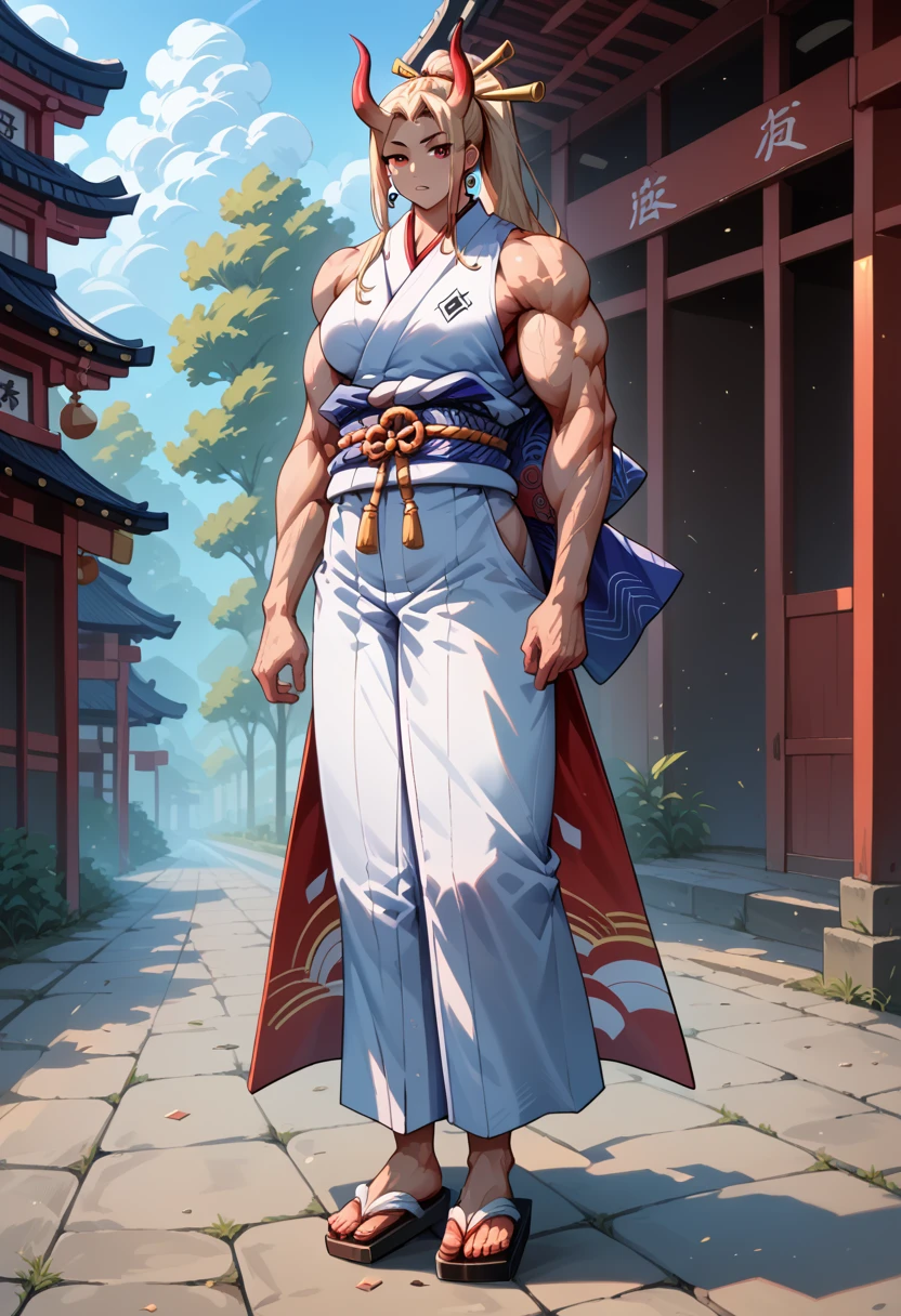 masterpiece, best quality), best resolution, yamato, red oni horns, earrings, hair stick, bare shoulders, japanese clothes, kimono, rope, sleeveless kimono, shimenawa, high ponytail, extreme muscular body, full body.