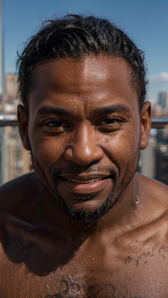((long distance shot:1.5)), a black man, small beard, wrinkled, weathered, with piercing eyes, laughing, detailed face, high details, looking at the Manhattan, Manhattan on the background, naked
