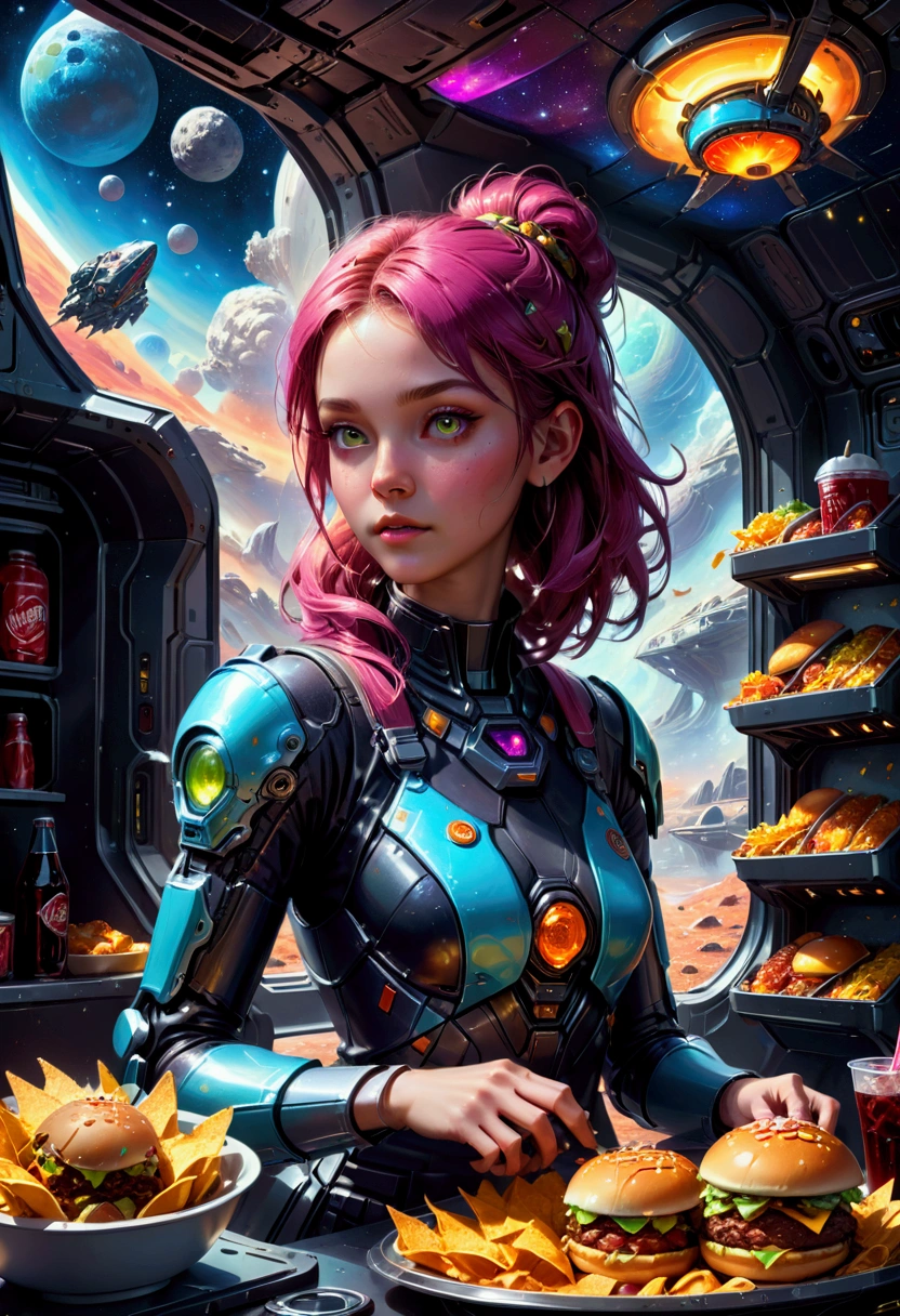 1girl, Fast Food Worker, award-winning illustration, concept art, digital painting, spaceship food truck flying through asteroid field, serving space miners, neon lights, holographic menu, robot chef, (food: space burgers, alien nachos, cosmic cola), sci-fi atmosphere, highly detailed spaceship design/aesthetic, 4k resolution, hyper-detailed, detailed matte painting, deep color, fantastical, intricate detail, splash screen, complementary colors, fantasy concept art, 8k resolution trending on Artstation Unreal Engine 5, masterpiece, best quality, very aesthetic, absurdres