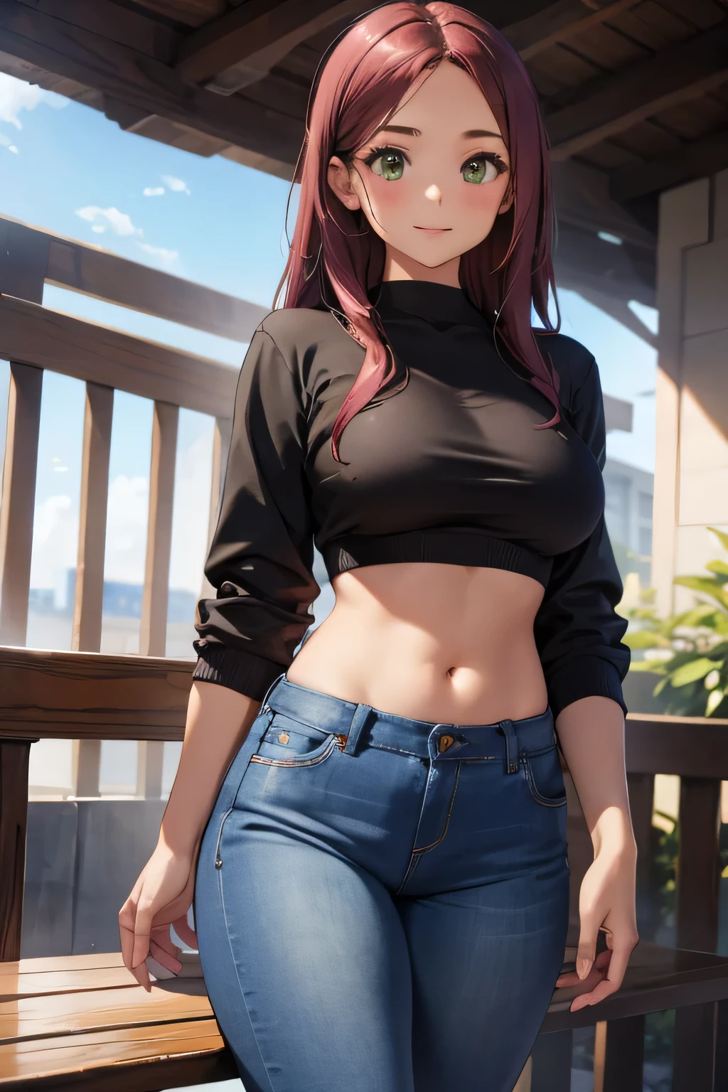 1girl, single girl, burgundy hair, dirty hair, dark skin, tanned skin, green eyes, big breasts, wide hips, tight jeans, flirty pink crop top, at a university