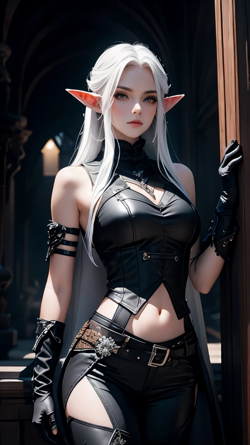 fully clothed, pale shadar-kai skin, elf, gloomy, silky white hair, long gloves, black leather armor, hair ornemant flower, standing up, rogue, sleeveless. Leather pants, Goth girl.