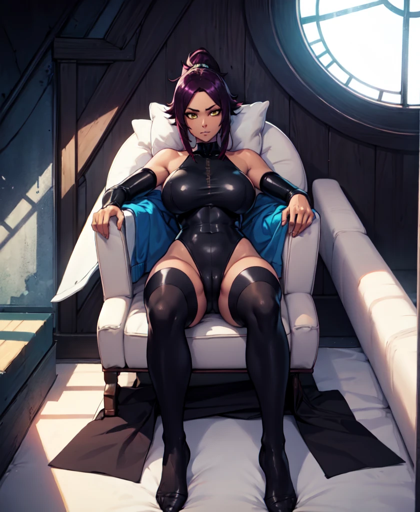 1girl, sofa, sitting, legs crossed, bodysuit, black bodysuit, bare arms, bare shoulders, (large breasts:1.2), yoruichi shihouin, dark skin, dark-skinned female, ponytail, purple hair, yellow eyes, (black leotard:1.4), thighhighs, full body, ((Leg Crossing ))