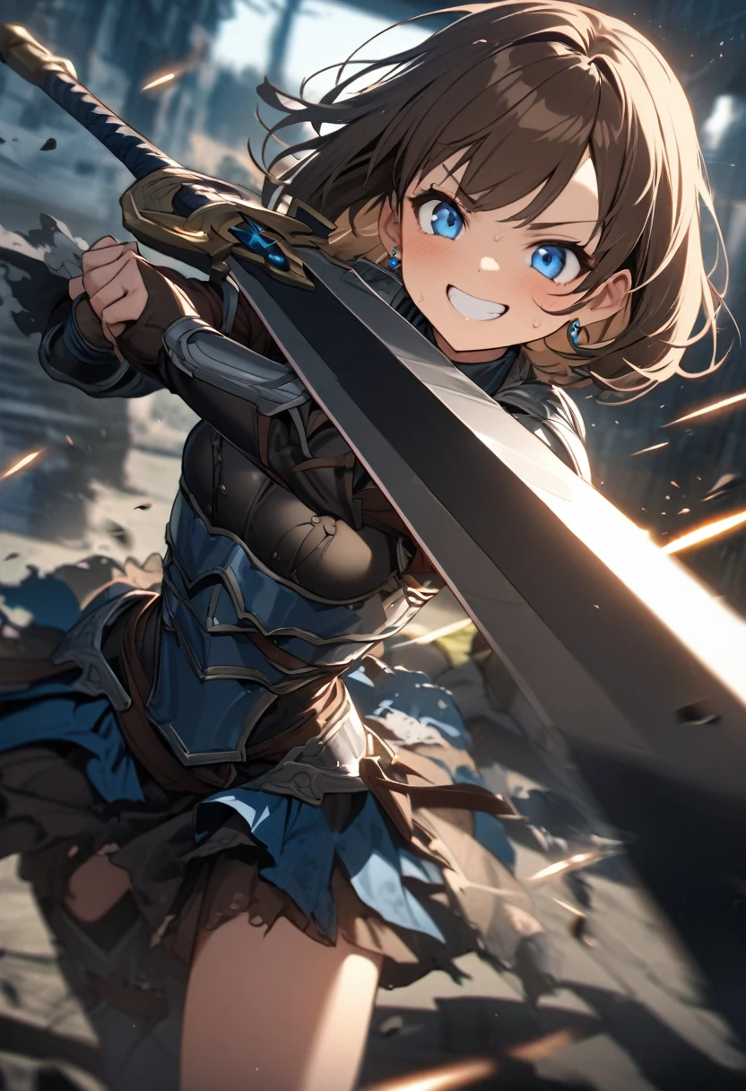 Brat, ((masterpiece)), High resolution, 10 years old、girl、 Brown Hair、Short Bob、((smile、Grin))、Excited、Sweating all over the body、Bright Blue Eyes、smile、((Grin))、Earrings、(((Holding a long sword、Cut in half)))、((Deathblow、mystery))、Sparks fly、Disturbed、Light、Strong winds、highlight、Motion Blur、Tattered Armor(mini skirt、wind lift:0.3)、Shallow depth of field、final battle、Fantastic、Powerful combat、Fight like a dance、
