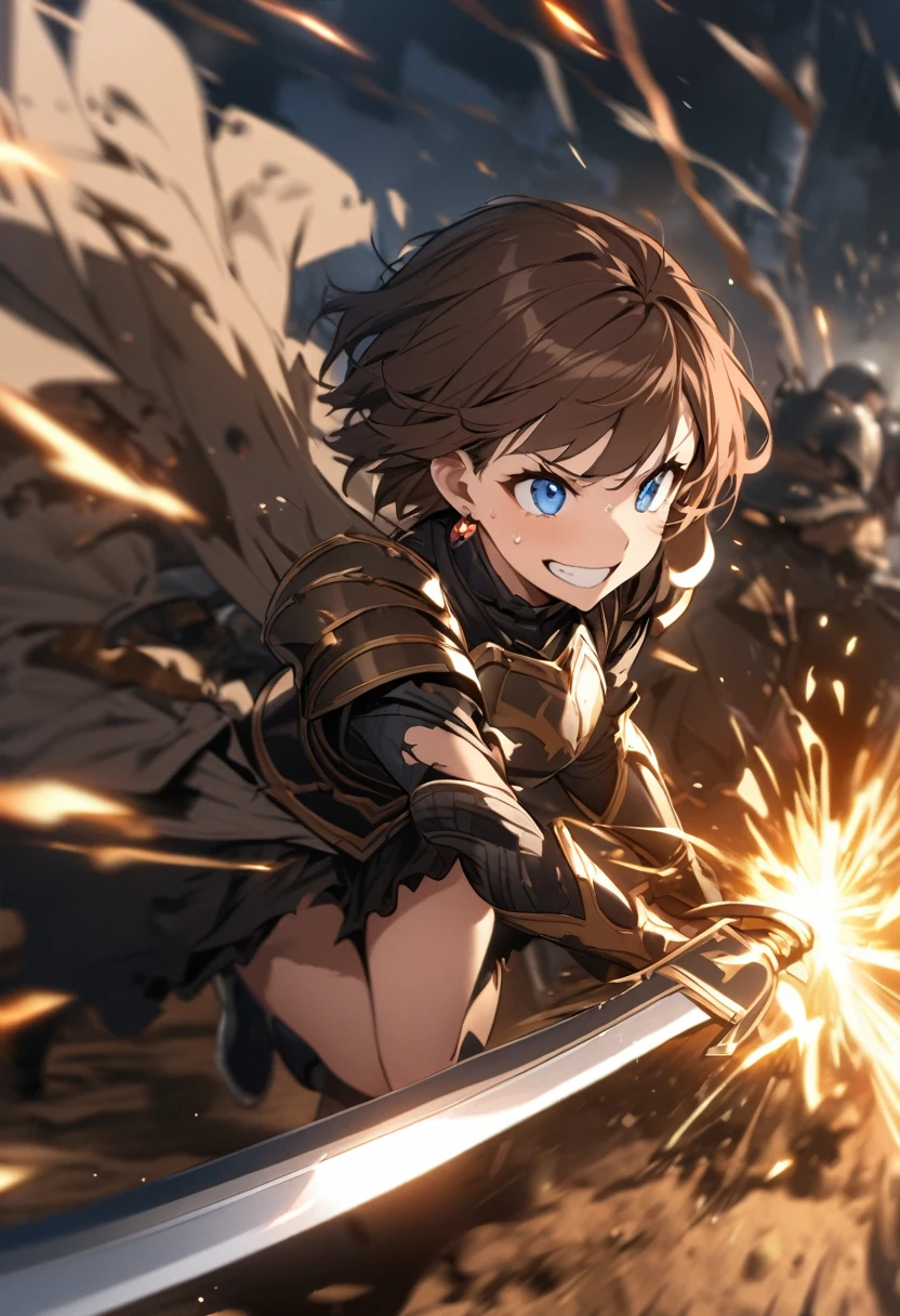 Brat, ((masterpiece)), High resolution, 10 years old、girl、 Brown Hair、Short Bob、((smile、Grin))、Excited、Sweating all over the body、Bright Blue Eyes、smile、((Grin))、Earrings、(((Holding a long sword、Cut in half)))、((Deathblow、mystery))、Sparks fly、Disturbed、Light、Strong winds、highlight、Motion Blur、Tattered Armor(mini skirt、wind lift:0.3)、Shallow depth of field、final battle、Fantastic、Powerful combat、Fight like a dance、