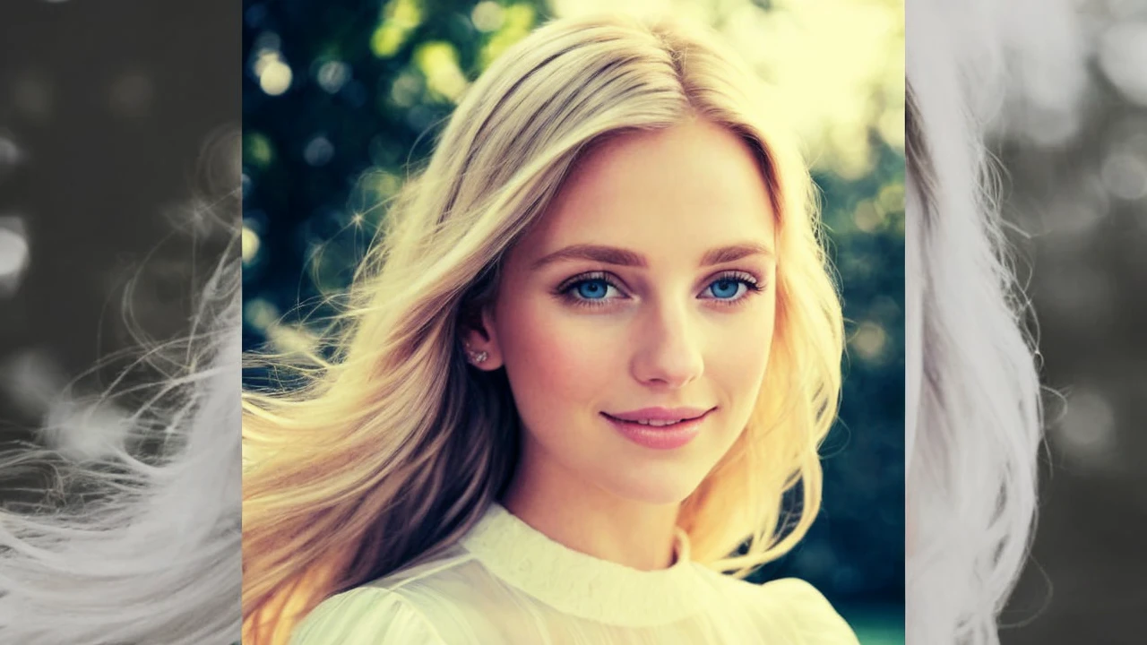 A macro, detailed image of a blonde young woman lying on a soft gray, patterned, polished floor. The woman has her head and hands on the floor and she's staring straight ahead with bright blue eyes with an out of focus background. The portrait is realistic with studio lighting.