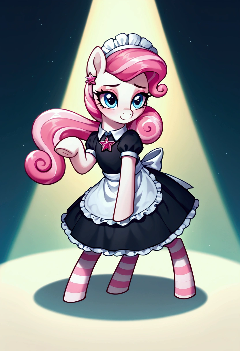 score_9,score_8_up,score_7_up,score_6_up, ((my little pony)), radiant lighting, vibrant colors, whimsical atmosphere, 8K, high resolution, highly detailed, masterpiece, (shy look), ((pony body)), ((brightness white body)), blue eyes, (maid costume), striped stockings, star pendant, earrings, eyeshadow, (cotton candy very long pink hair:1.3), ((erotic pose)), (devoted gaze)