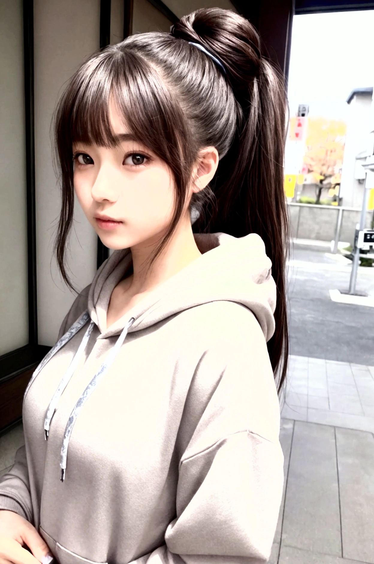 Make a girl,she is beutyful,she is an Japan girl,she wearing a Hoodie,Her hair is tied back,her eye is brown