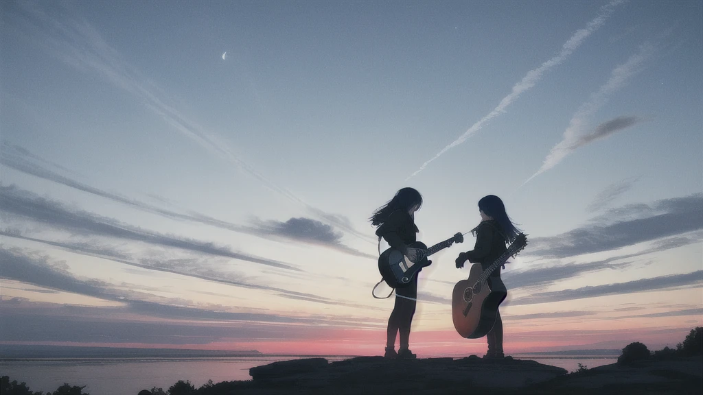 Acoustic guitar,Pitch black night sky,Octane, Star (zero), scenery, Blue parakeet,The acoustic guitar is placed in front of the body.,Star, night, Back view, Outdoor, city,Blue parakeet,building, cloud, Heavenly River,silhouette