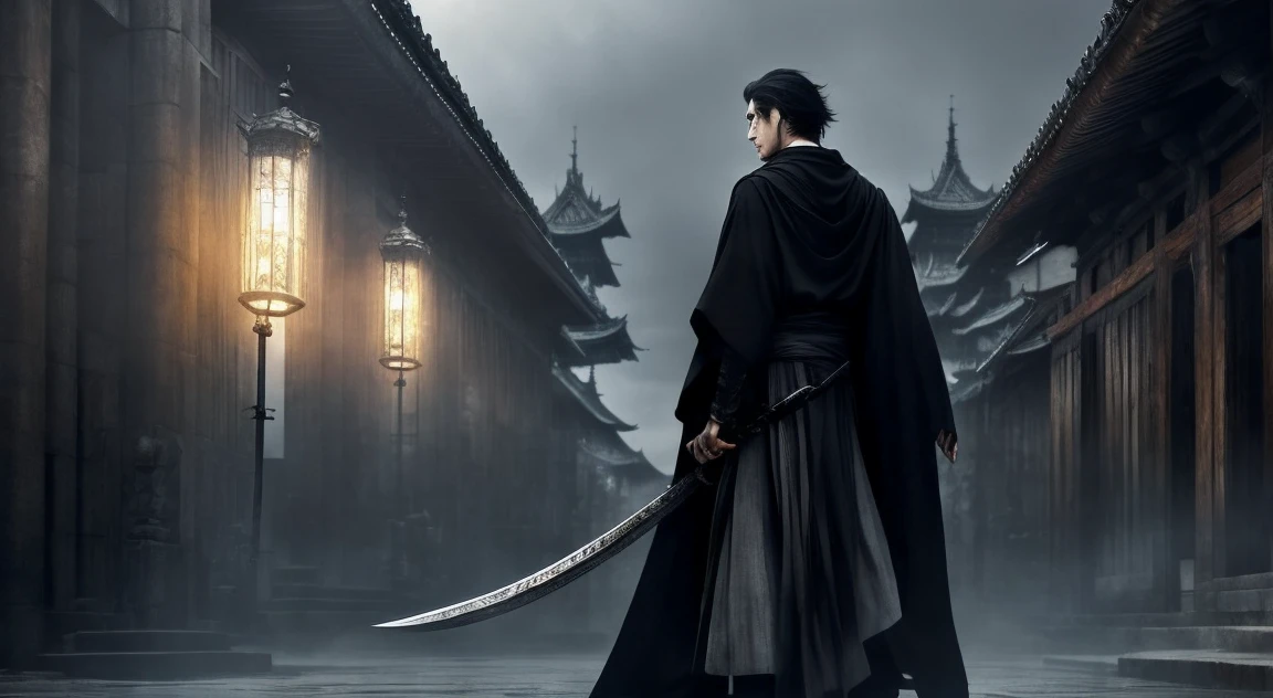 One person、Yoshitaka Amano style、Ultra HD、Masterpiece、A slender, beautiful, dark-haired man in a black robe、He carries a slender long sword on his back.、Dark、Medieval European castles、Gloomy、Danmei、Fantasy、Ultra-realistic、front、Super handsome man