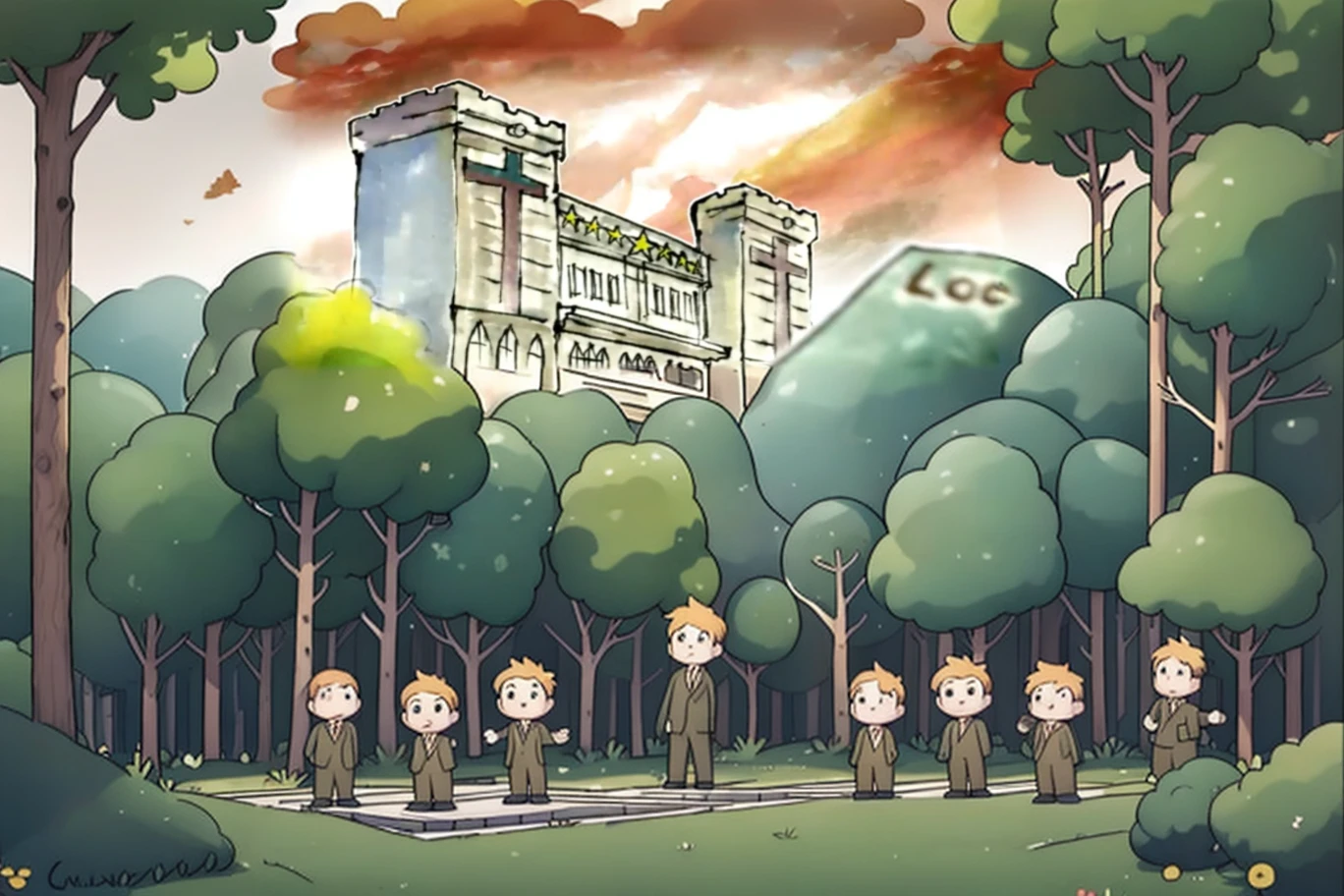 seven cartoon men in suits angry, trees and bushes