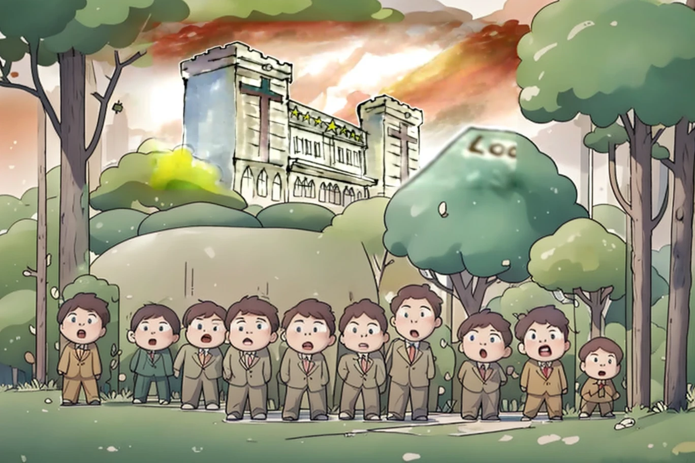 seven cartoon men in suits angry, trees and bushes