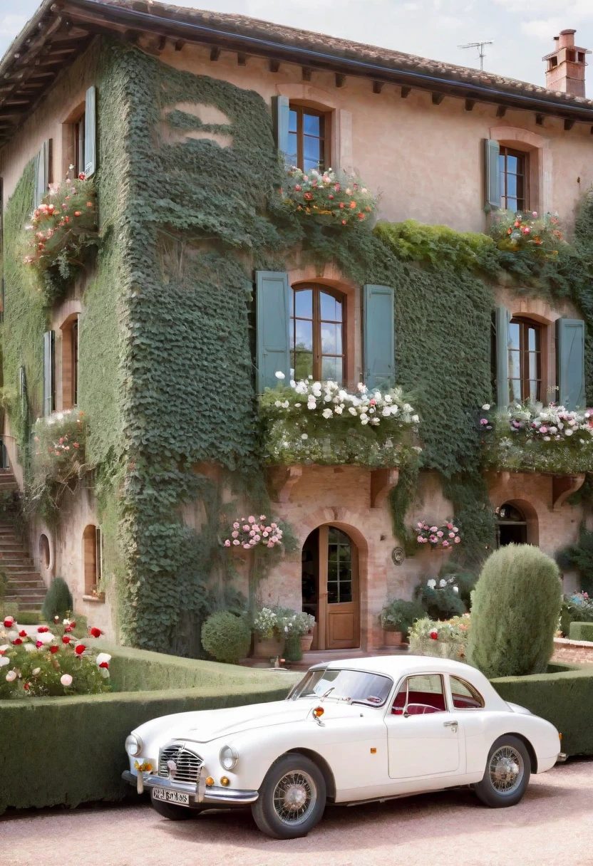 [[italy house]], High quality, [A huge garden at the front and a beautiful Tuscan landscape in the background], [[wood material]], rose flower, flowers, architecture, car classic, white materials, rose, ivy, classic, uk styles